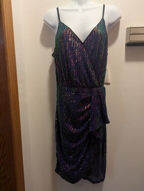 Grace Karin Medium Sequined Multicolor Wrap-Style Spaghetti Strap Dress NWT